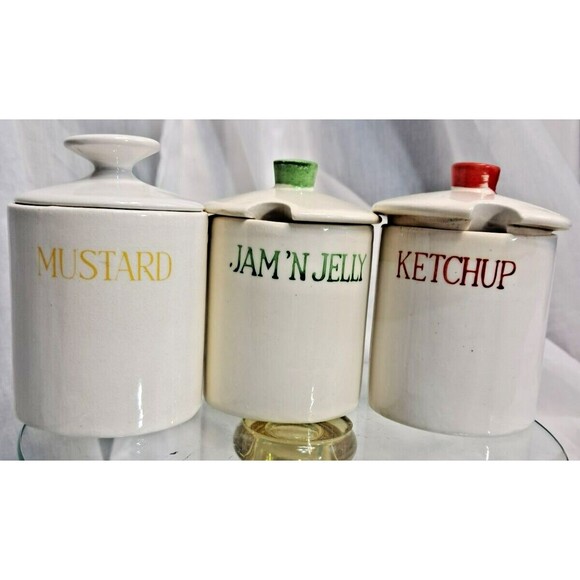 Vintage 60's Kitchen King Condiment Set Jam Jelly Ketchup Mustard FLAW - Picture 1 of 12